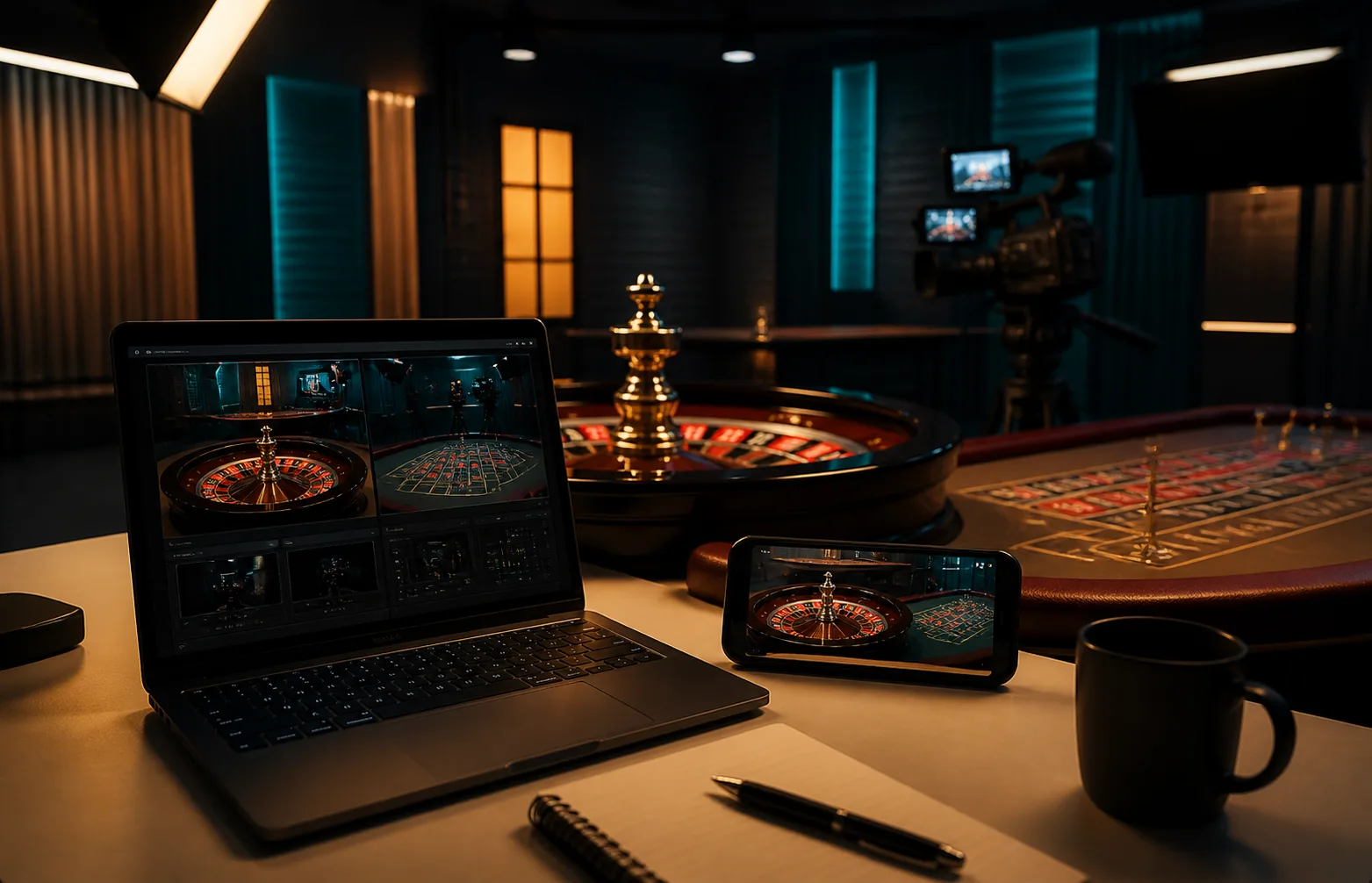 Mesa genérica de roleta ao vivo vista em telas de computador e celular