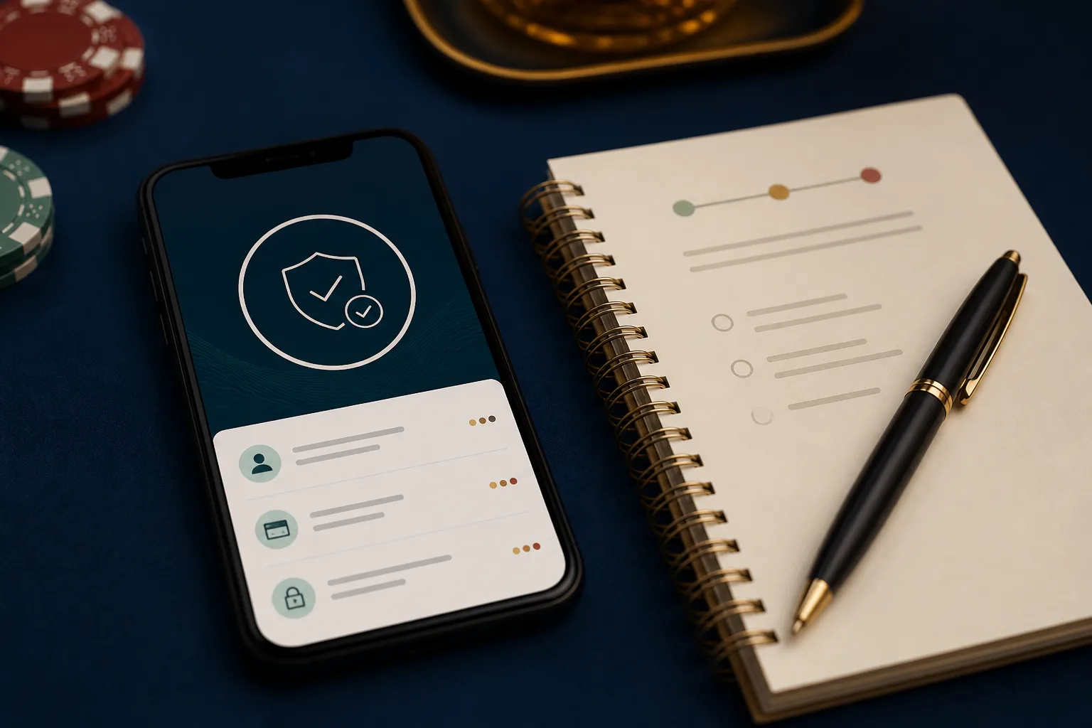 Conferência de comprovante de pagamento em celular ao lado de anotações