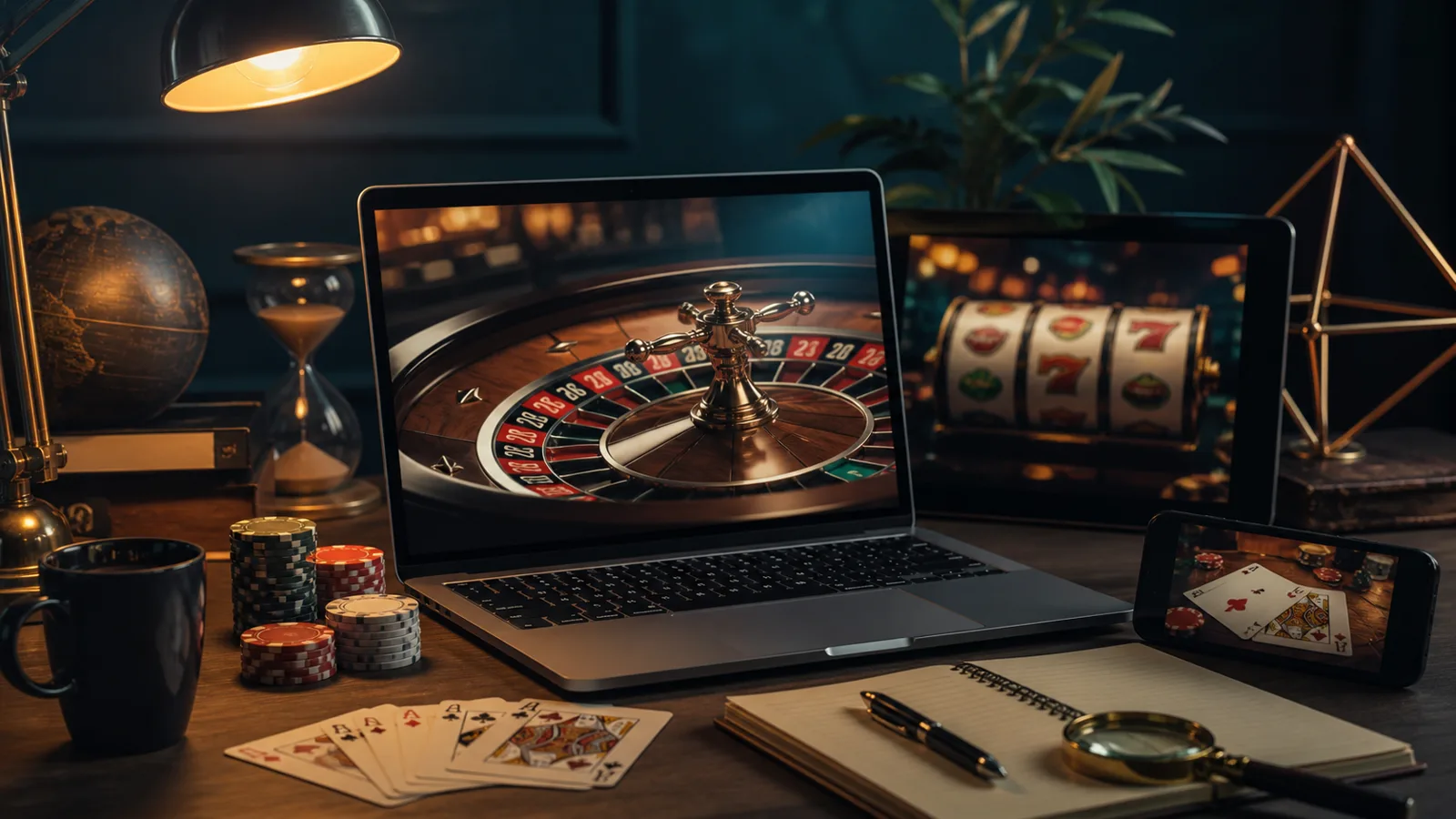 Ambiente editorial de cassino online com roleta, cartas e telas genéricas
